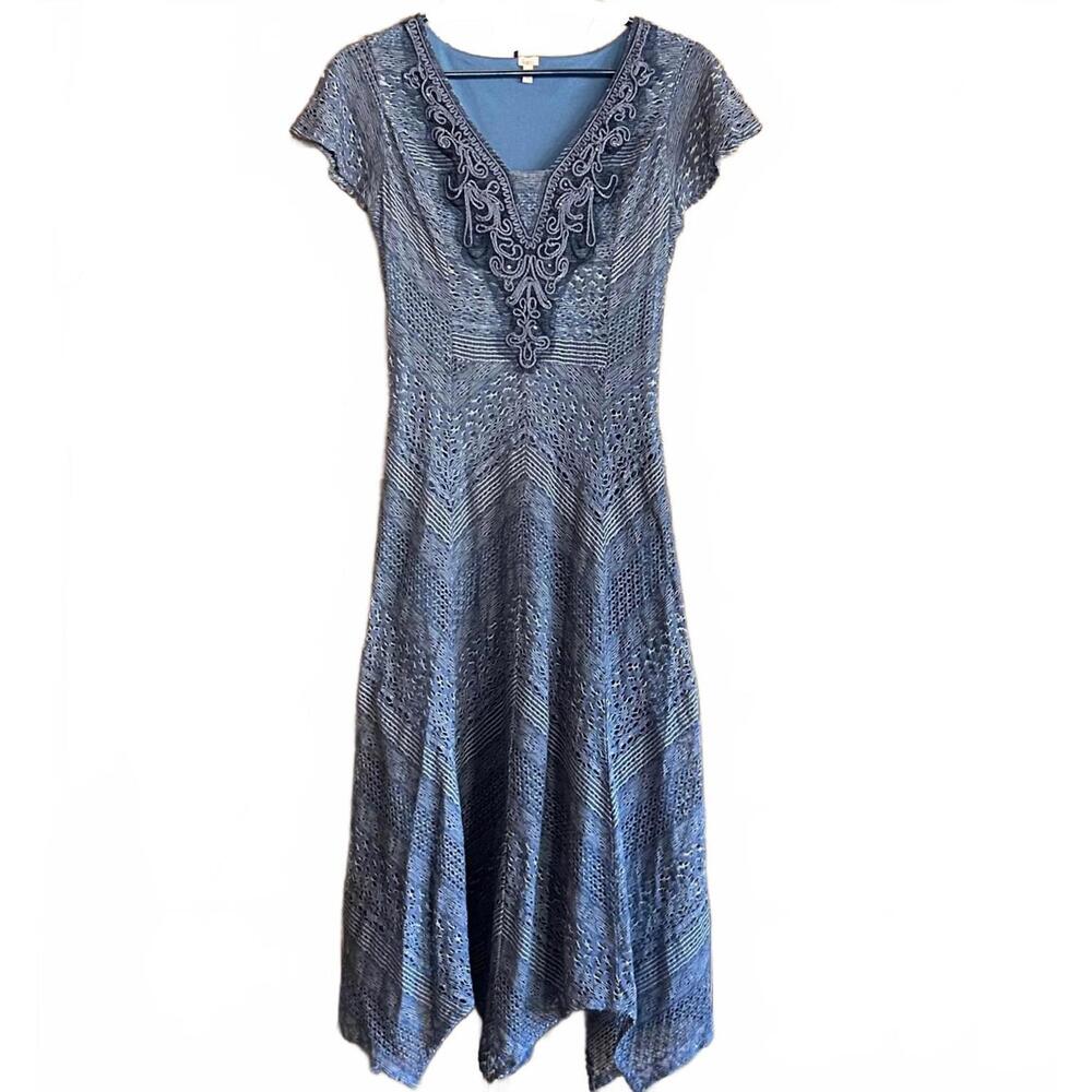 Reba Womens Blue Midi Dress Size S Lace Embroidery Flared